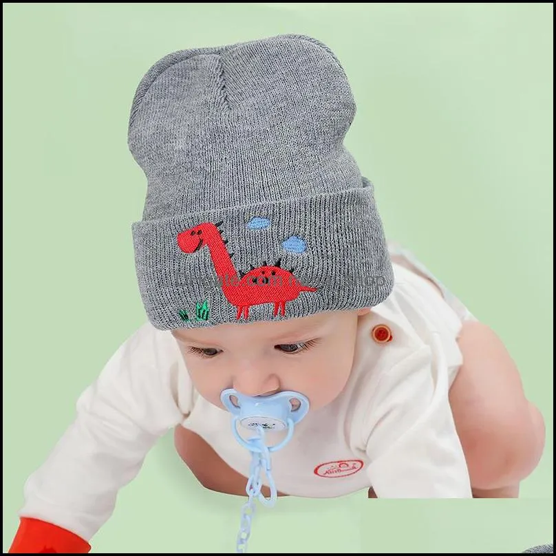 fashion embroidered cartoon dinosaur animal beanie caps toddler children hats for boys girls knitted infant baby winter thick kids cute hat