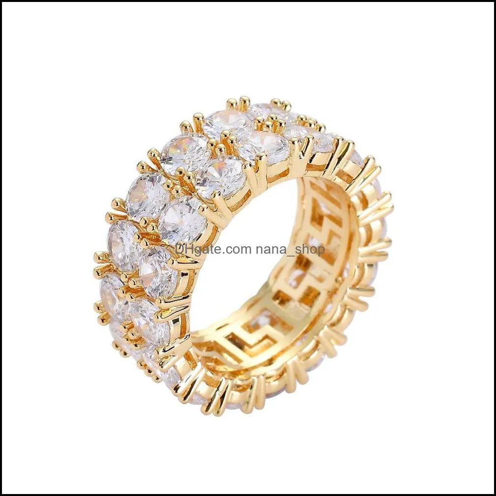 hip hop 2 row crystal rings gold silver color zircon charm circle ring for men women gift bling jewelry q320fz