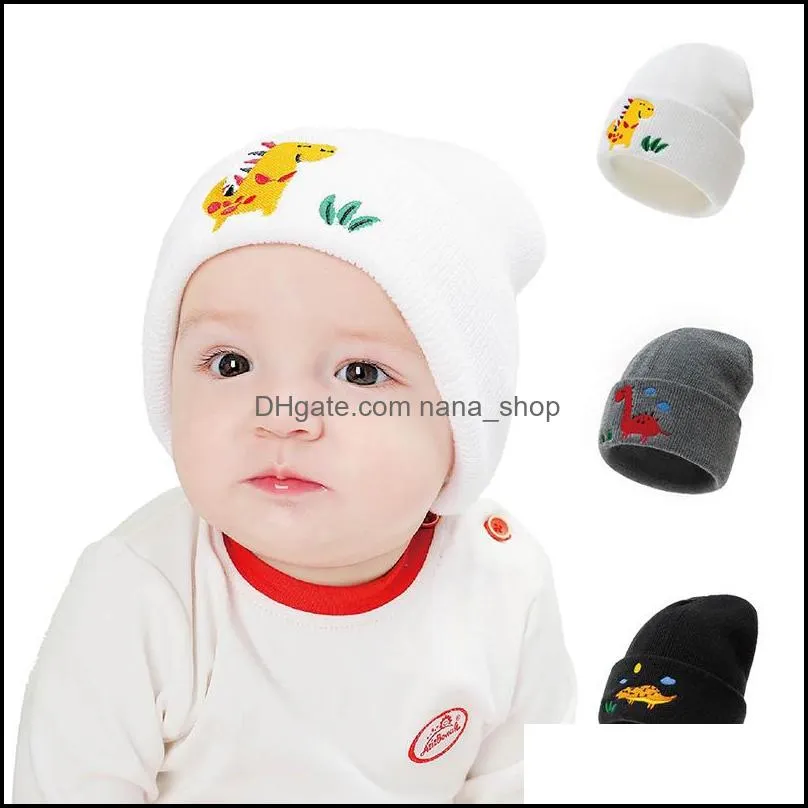 fashion embroidered cartoon dinosaur animal beanie caps toddler children hats for boys girls knitted infant baby winter thick kids cute hat