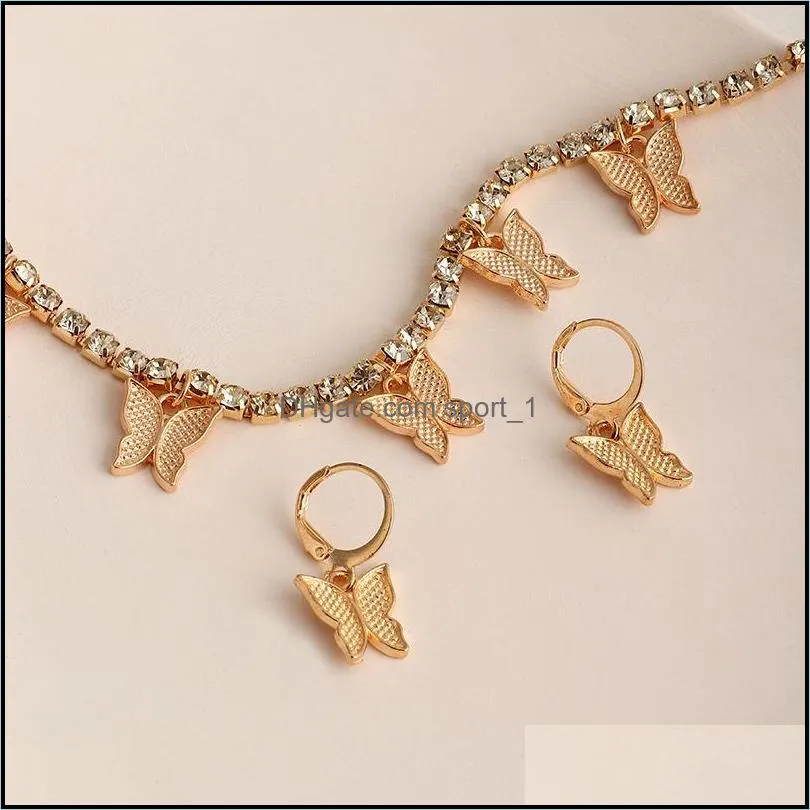 casual butterfly pendant necklace earrings sets metal for women gold color trendy wholesale