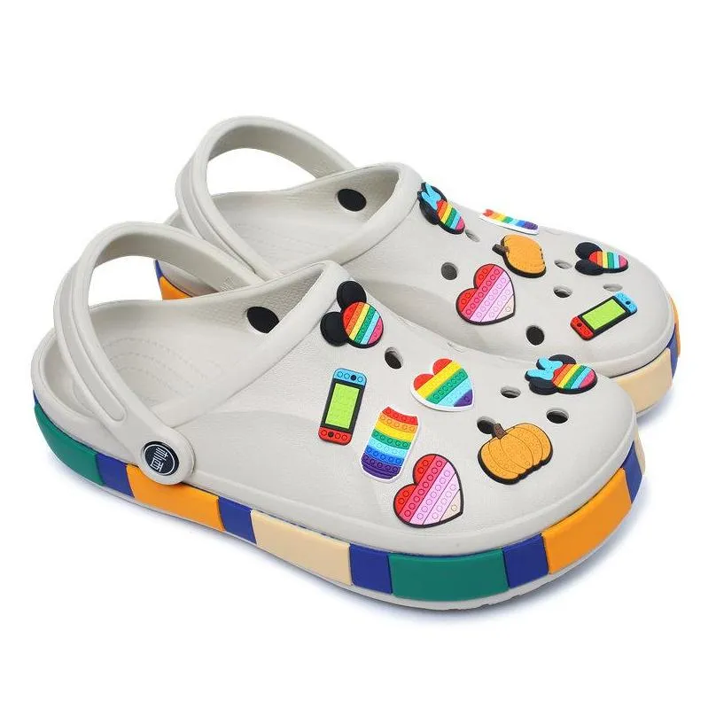 moq 100pcs/lot pvc rainbow games shoe charm for croc mujer ornaments sandals accessories decorations kids gift wholesale