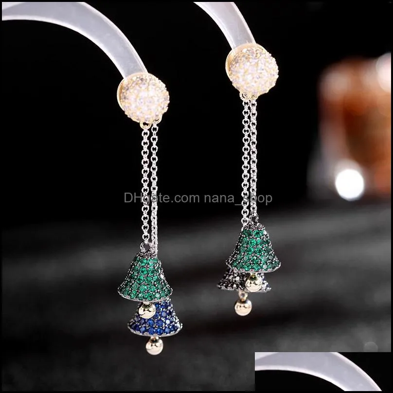 female crystal zircon stone dangle earrings fashion long tassel bells ear stud vintage charm papend studs earring for women