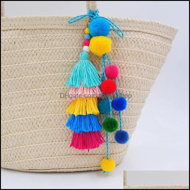 fashion pompom long tassel key chains for lady pompoms pendant bohemian ball women keychain jewelry bag accessory y438z