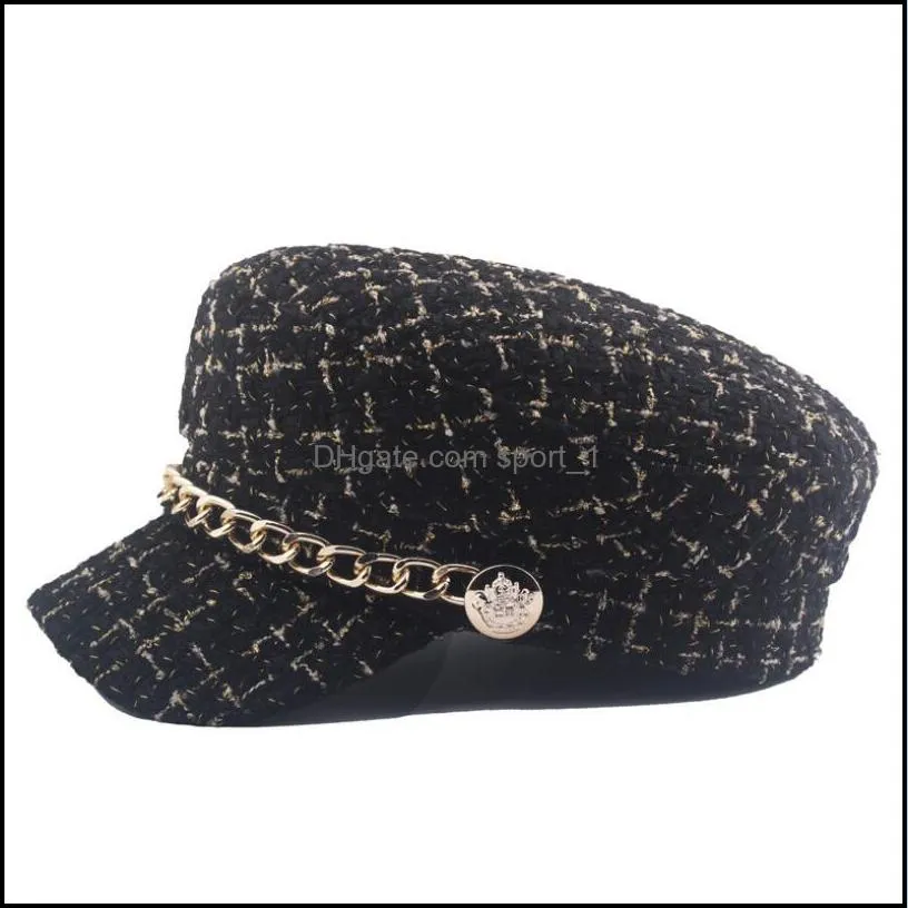 women hats tweed plaid sboy caps chain flat top visor cap vintage military female autumn winter hat