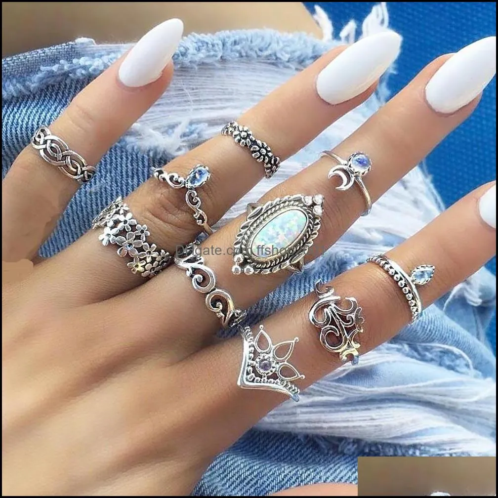 10 styles bohemian antique silver rings set for women retro hand of fatima elephant flower ankh crescent midi knuckle finger ring