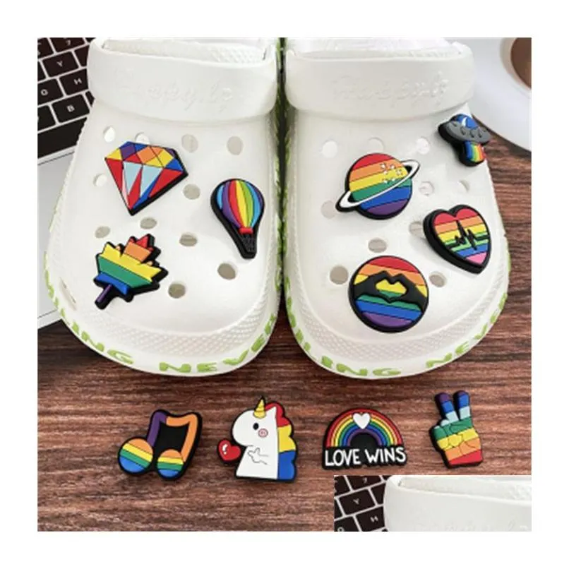 wholesale custom rainbow love wins pvc shoe accessories custom logo sandals clog buttons decoration for croc charms kid gifts