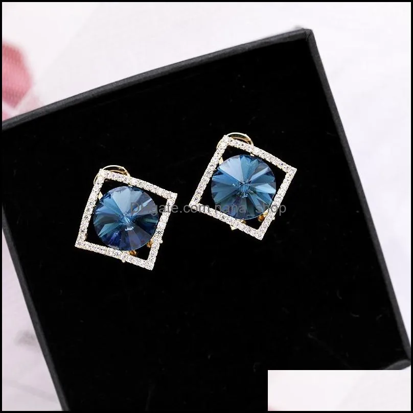 fashion blue rhinestone dangle earrings women girl crystal square shape silver zircon ear stud party earring jewelry a37z