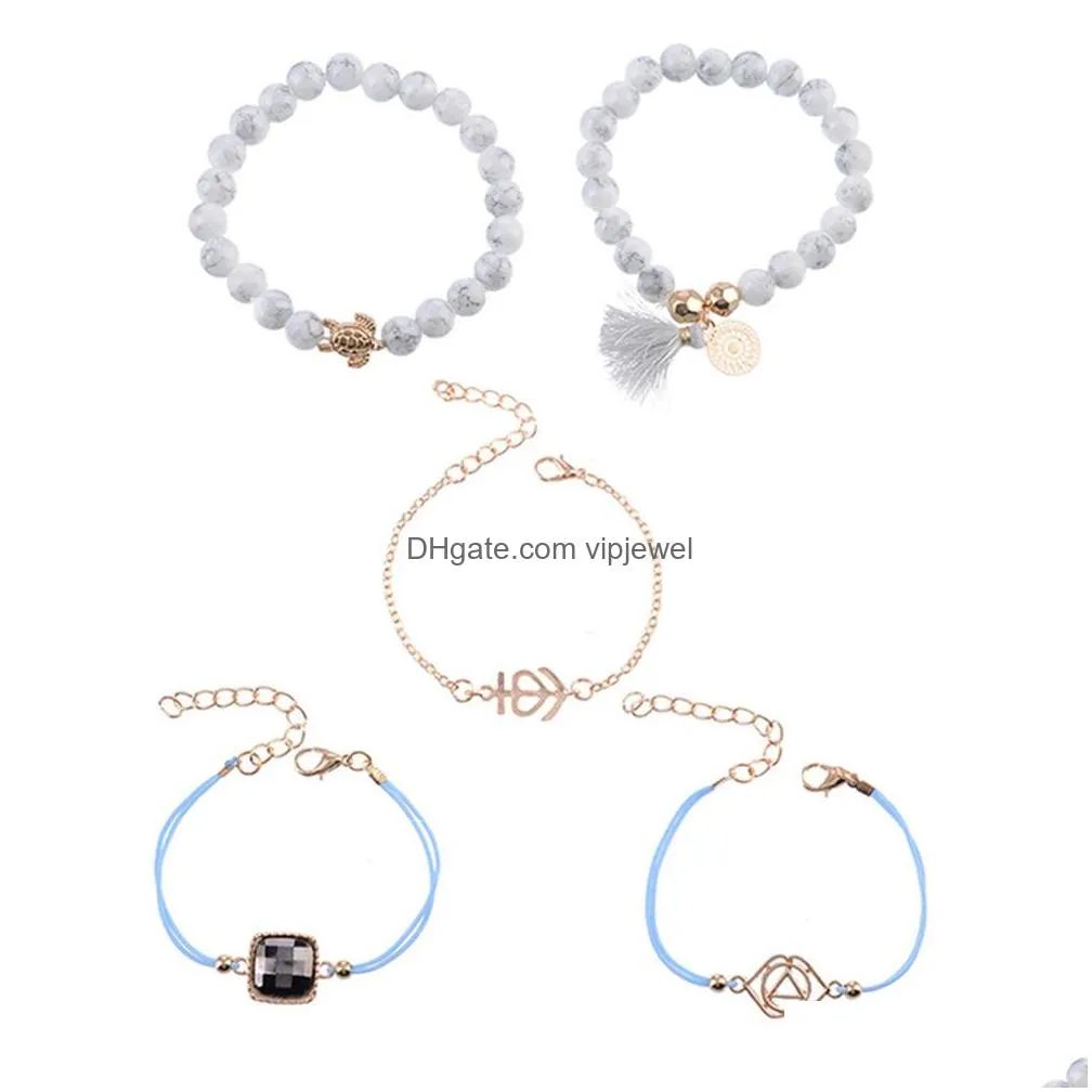 fashion jewelry bracelet set anchor geometric turtle beads chain bracelets 5pcs/set