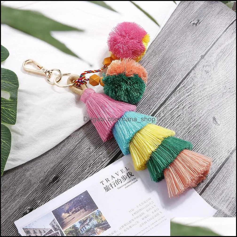 fashion candy color pompoms tassel keychain fur ball key chain pompom fluffy bag accessories keyring a121z