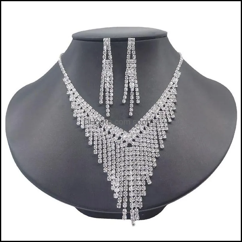 fashion women crystal bride necklace earring jewelry set rhinestone silverplated wedding dress banquet ladies gift