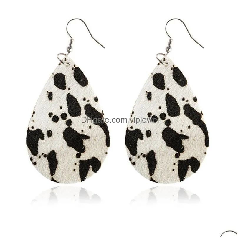 fashion jewelry womens leather dangle earrings cow grain leopard waterdrop leather earrings