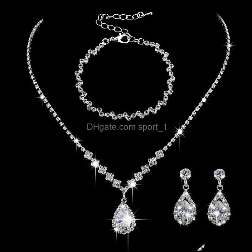 fashion women crystal bride necklace earring jewelry set rhinestone silverplated wedding dress banquet ladies gift