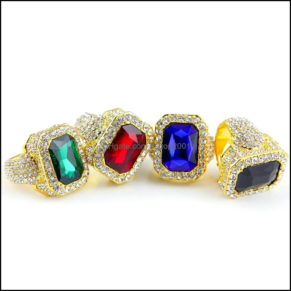 high quality mens large ruby sapphire rings white rhinestones 5 colors gem stone gold rings for women ladies hip hop jewelry