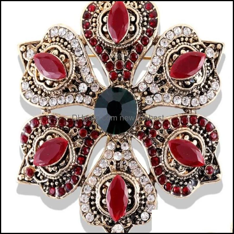 luxury vintage brooch women flower red resin crystal broches brooch ladies lapel hijab corsage pin turkish ethnic jewelry 39 e3