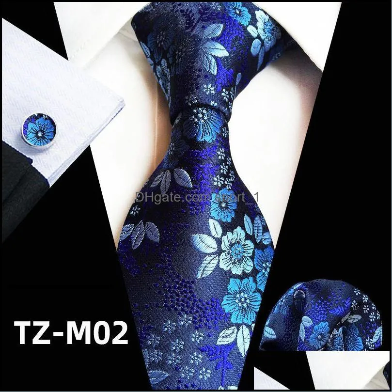 classic mens ties 8cm blue plaid dot striped business necktie handkerchief wedding party tie set