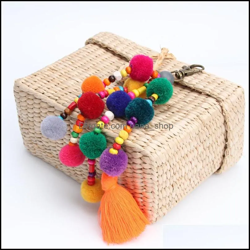 colorful bead tassels big ball key chain charm pompom keychains fashion jewelry bohemian handmade bag pendant women y426z