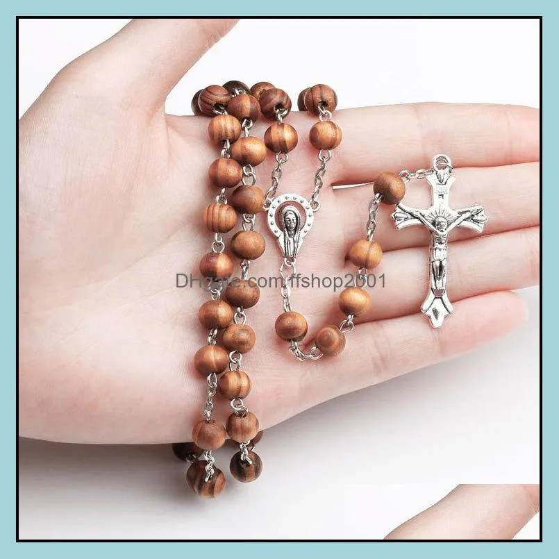  wooden beads long chains catholic rosary necklace for women and men christian jesus virgin mary cross crucifix pendant fashion