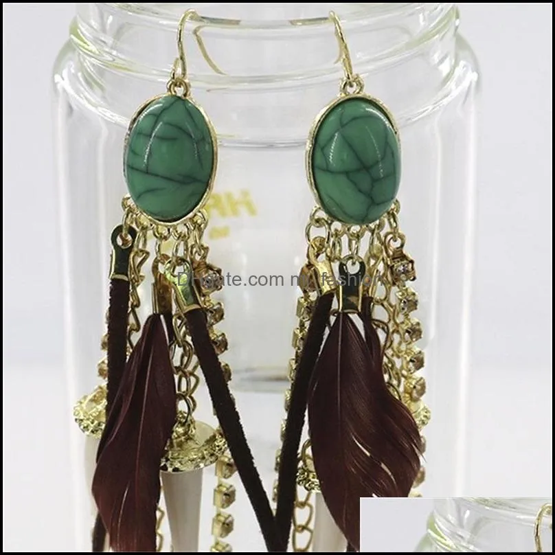 imitation turquoise feather tassels dangle earring girl lady natural stone leather rope diamond inlay earrings jewelry accessories 6 5le