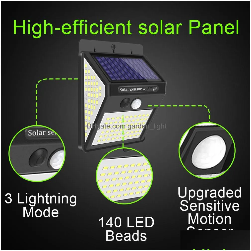 3mode 140 led outdoor solar flood light motion wireless sensor solar security light for wall fence decoration pir waterproof energy