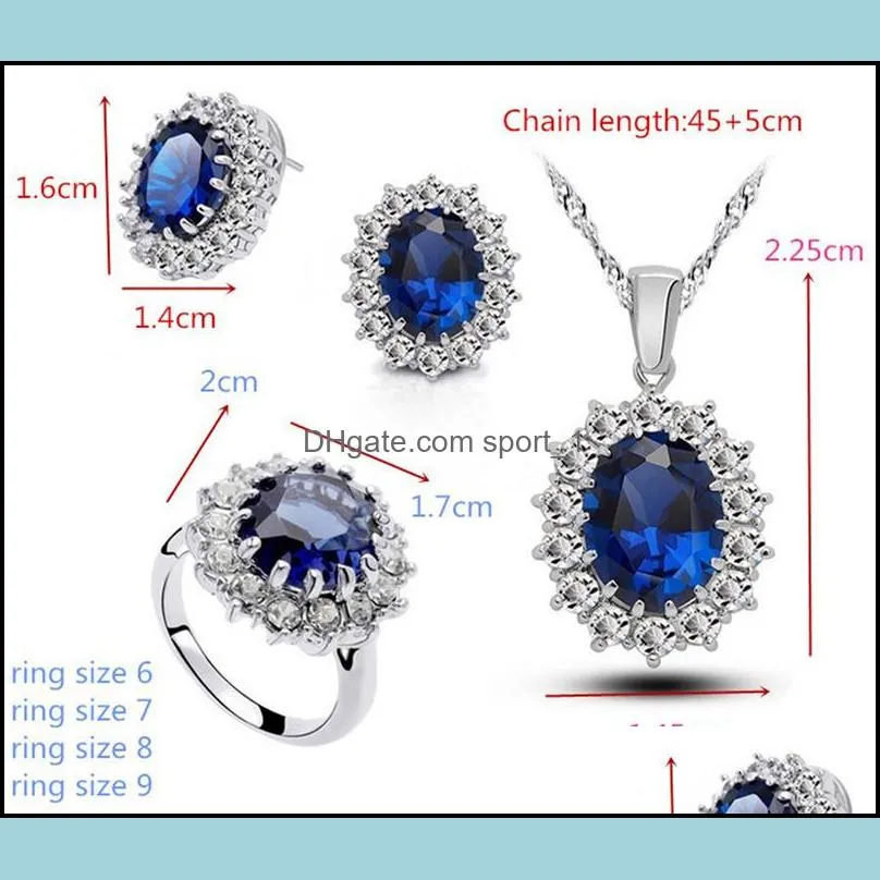 fashion blue crystal stone wedding earrings necklace jewelry set brides silver color suit for women