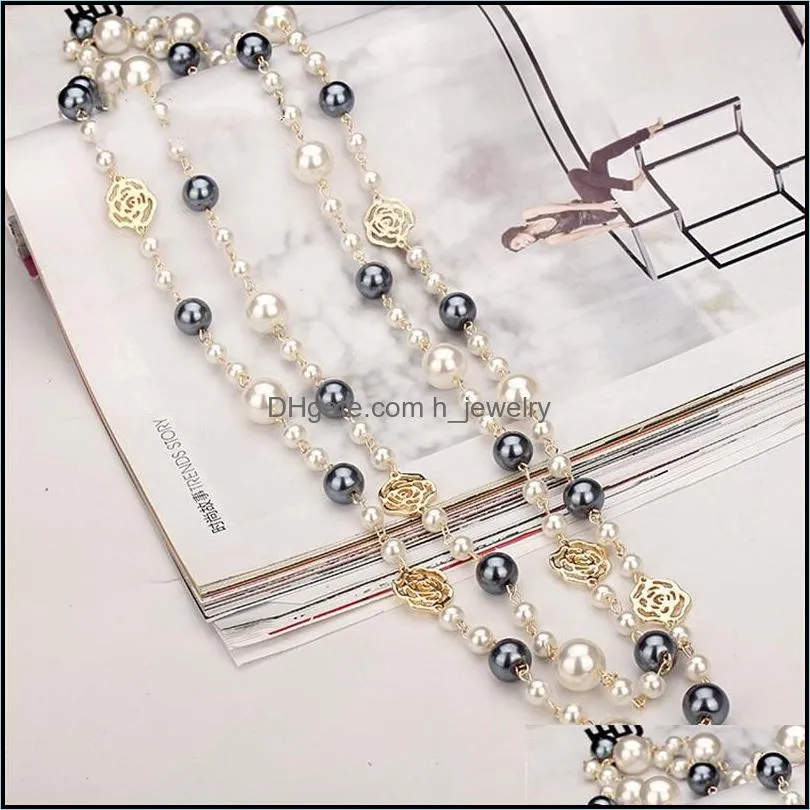 fashion designer luxury classic style hollow roses elegant multi colors bright pearls long sweater statement necklace for woman 1233