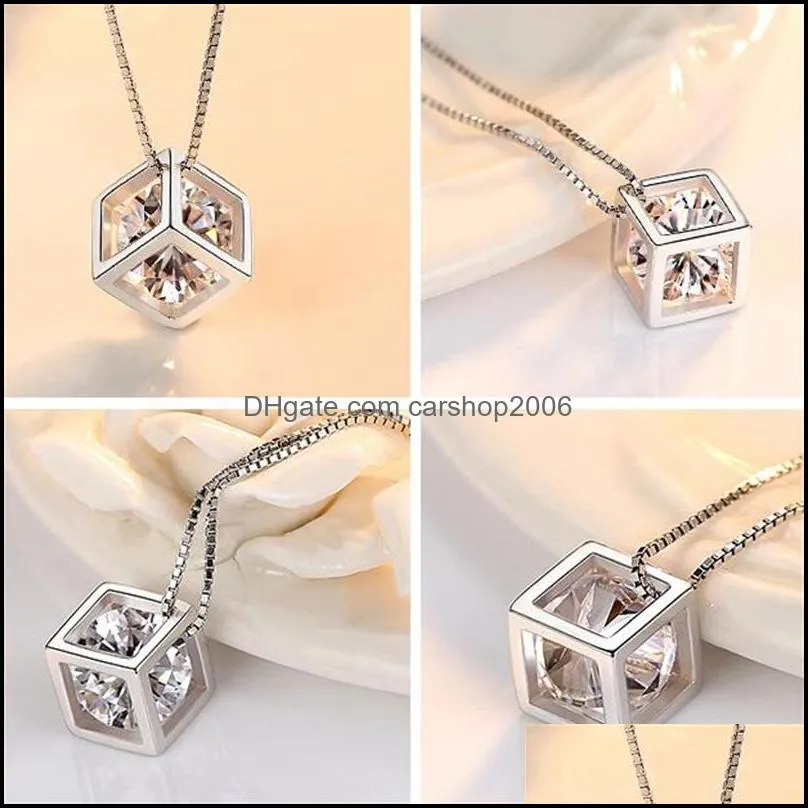  925 sterling silver women necklaces fashion love cube pendant high quality zircon clavicle chain jewelry length 45cm 20220226 t2