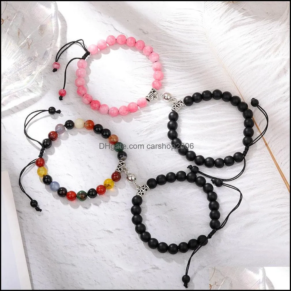 2pcs creative magnet attract couple charm chain bracelets good friend lover 8mm natural stone beads handmade braided rope woven bracelet for