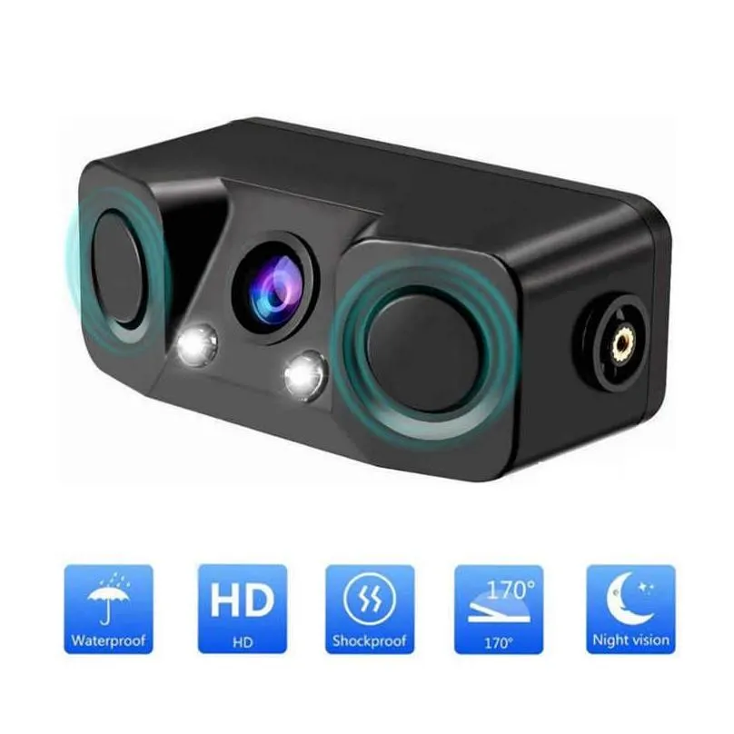 hd car rear view camera 3 in 1 parking radar detector sensor led night vision waterproof reverse camera