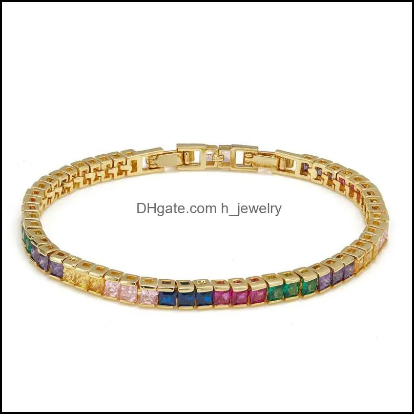 link chain 4mm square rainbow zircon tennis bracelet brass metal rhodium/goldcolor jewelry 78 inch adjustable rock unisex bangle 3719