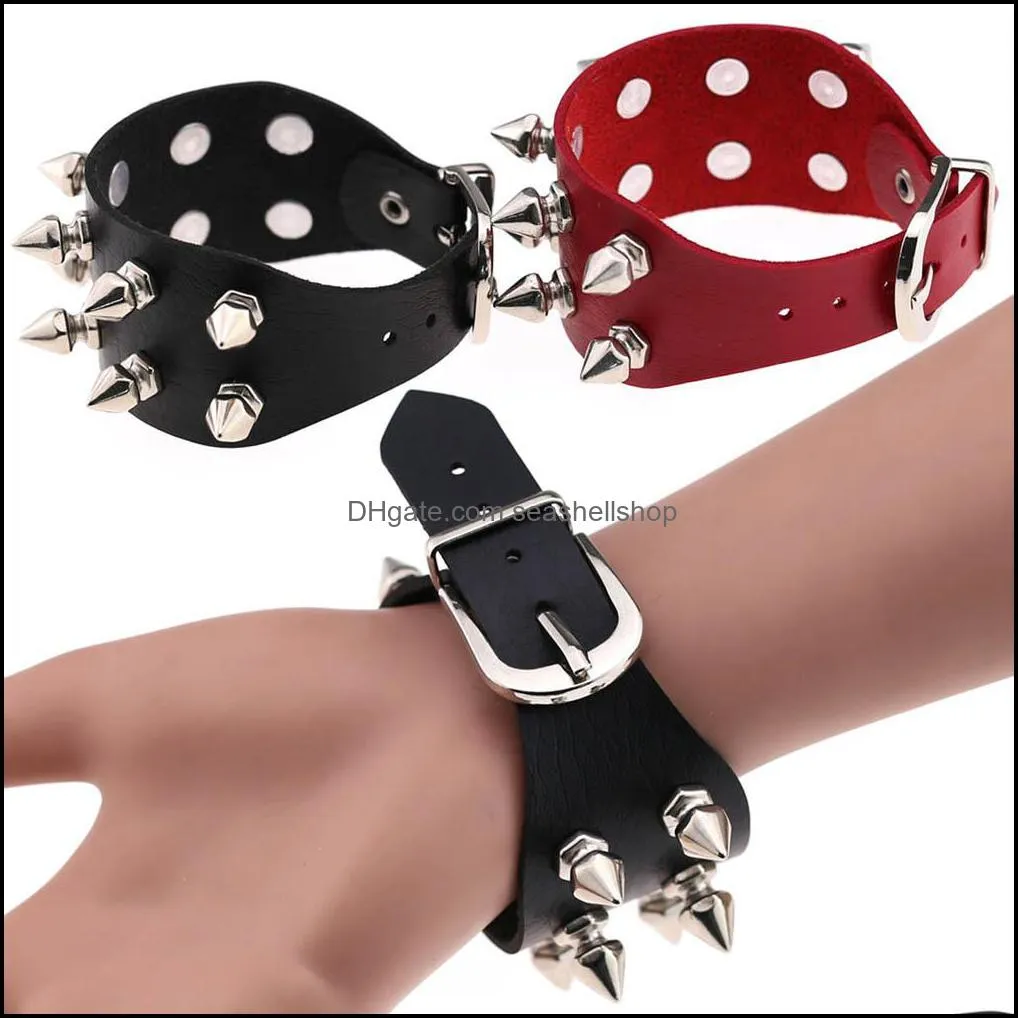 pretty leather bracelet unique spikes rivet stud wide leather punk gothic rock unisex cuff bangle bracelet men jewelry