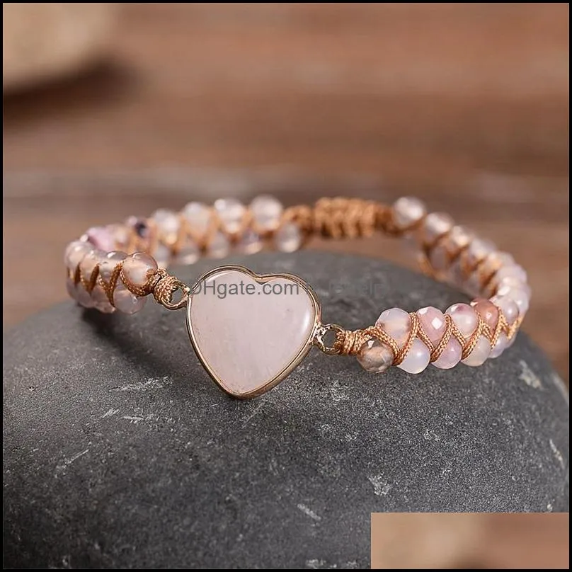 women rose quartz heart stone charm pink jasper bead string braided bracelet handwoven natural adjustable wrap bracelets tennis 3684