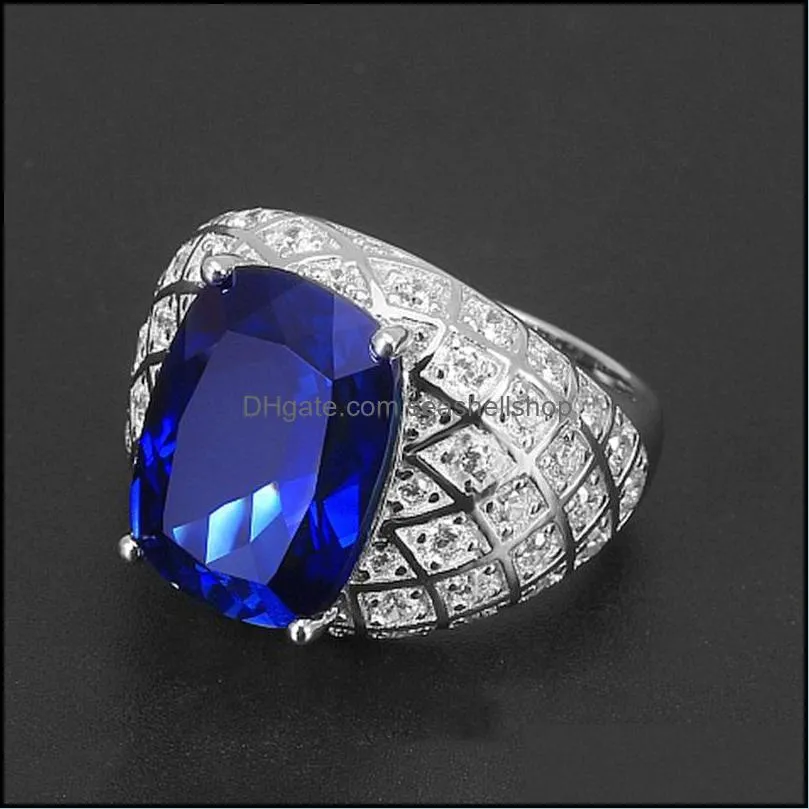 highend exquisite trendy mens open fat rectangular sapphire ring full of diamonds inlaid with zircon simulation dark blue tanzanite