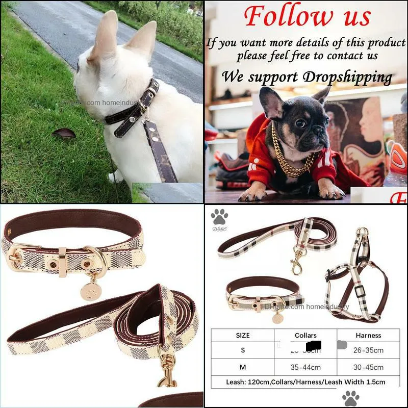 designer leather dog collar and leash set adjustable basic collars check pattern durable dog harness with metal buckle suitable for small medium