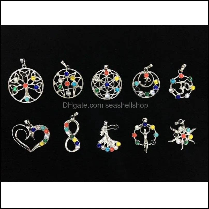 7 chakra stone beads pendant yoga healing point reiki chakra crystal bead health amulet life tree charms women flower pendants 1893 t2