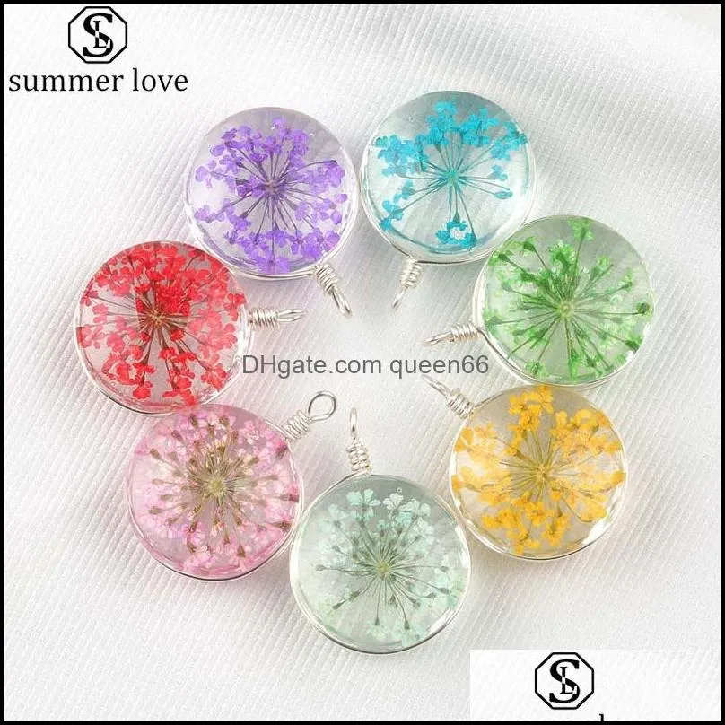 trendy handmade dried flowers pendant silver charm for necklace diy highgrade colorful glass hoop pendant accessories jewelry