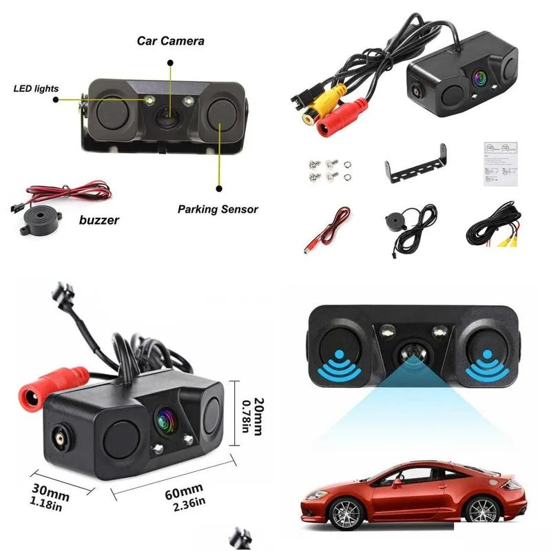 hd car rear view camera 3 in 1 parking radar detector sensor led night vision waterproof reverse camera