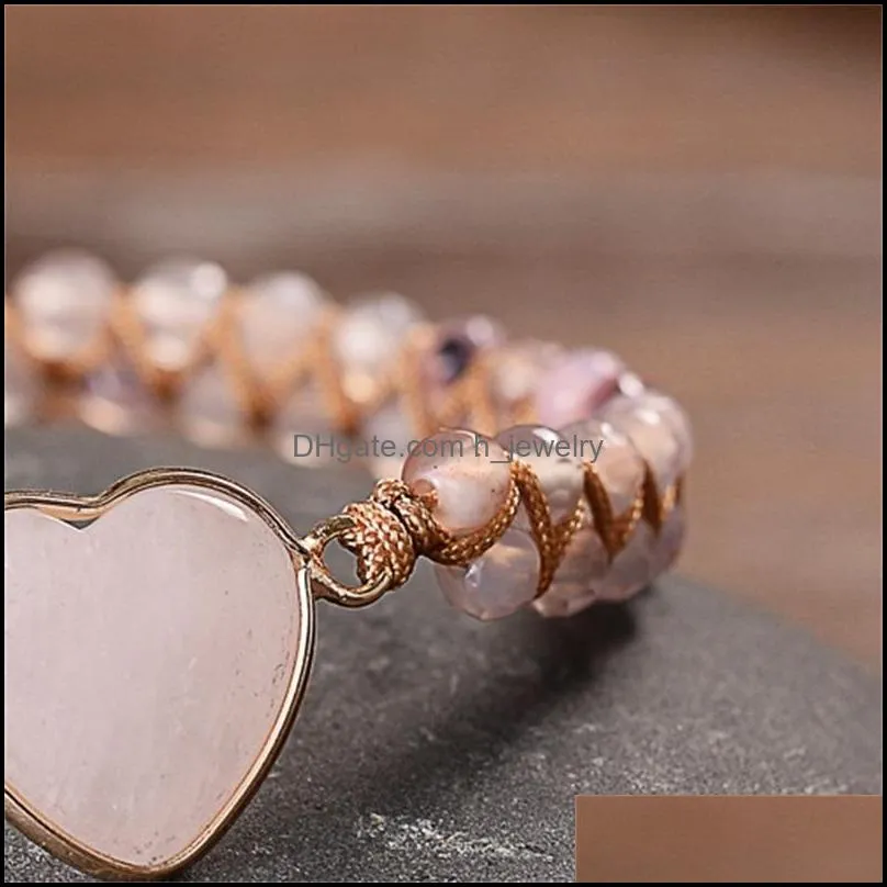women rose quartz heart stone charm pink jasper bead string braided bracelet handwoven natural adjustable wrap bracelets tennis 3684