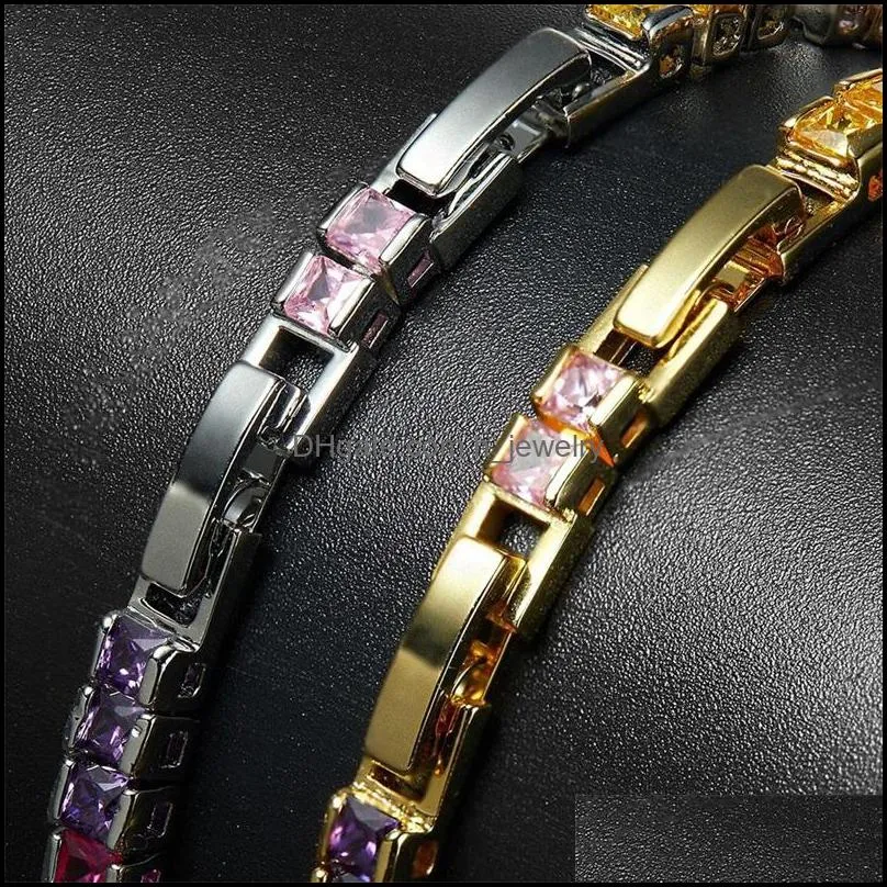 link chain 4mm square rainbow zircon tennis bracelet brass metal rhodium/goldcolor jewelry 78 inch adjustable rock unisex bangle 3719