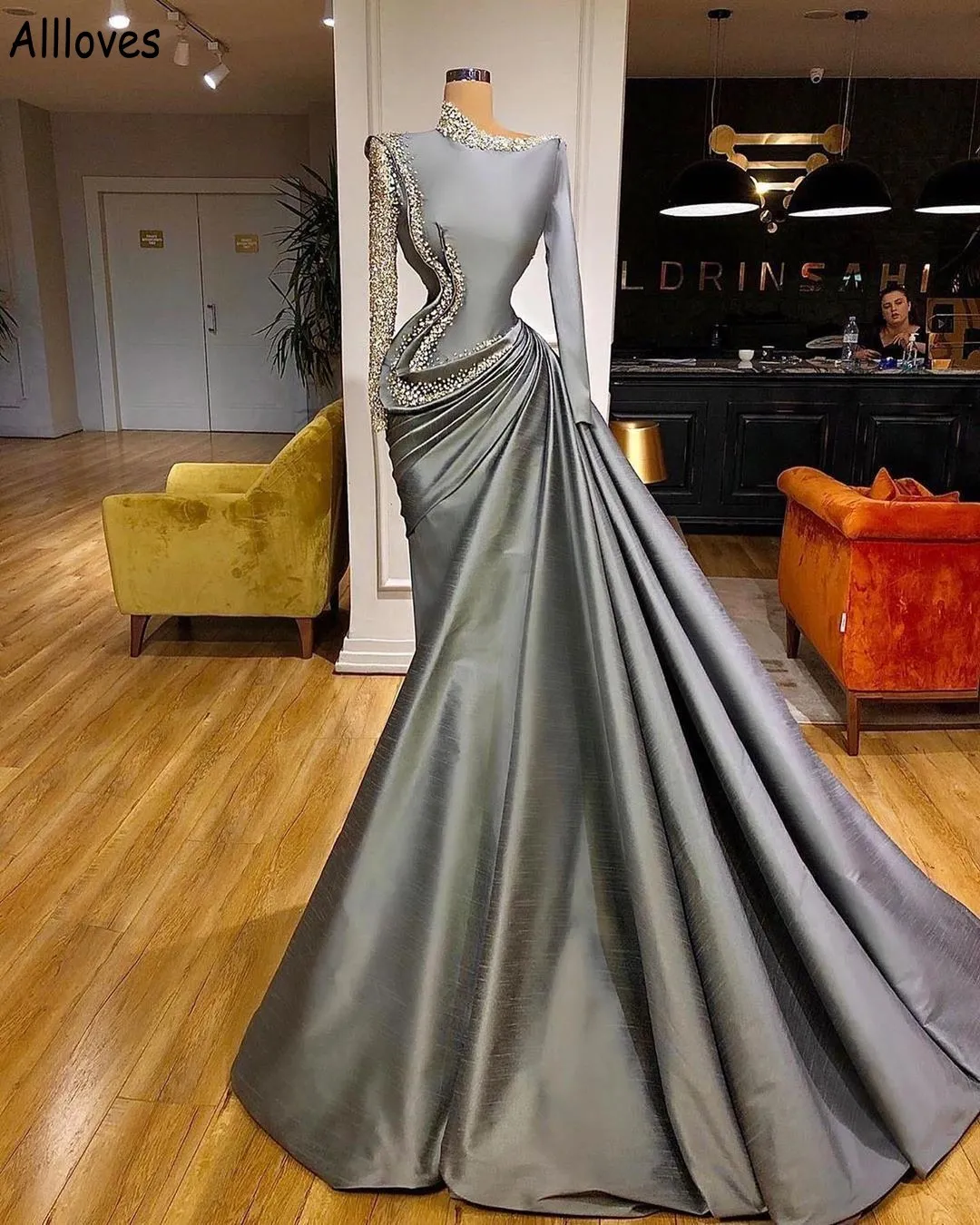 Silver Sequined Asymmetry Neck Evening Dresses For Women Dubai Arabic One Shoulder Long Sleeves Prom Party Gowns Formal Ruched Long Skirt Vestidos De Festa CL1743