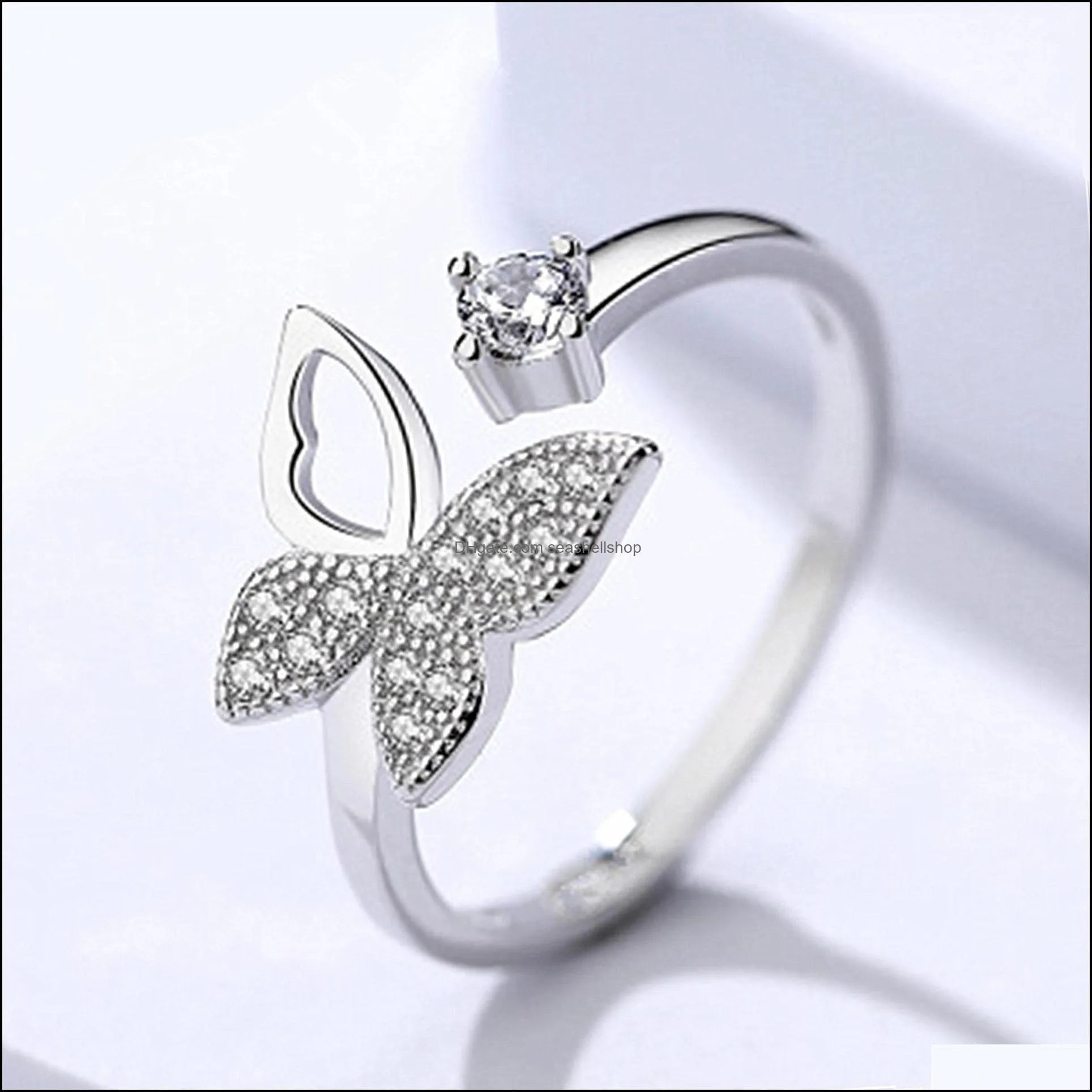 real pure silver color jewelry zircon butterfly ring for women wedding finger open rings anillos anelli