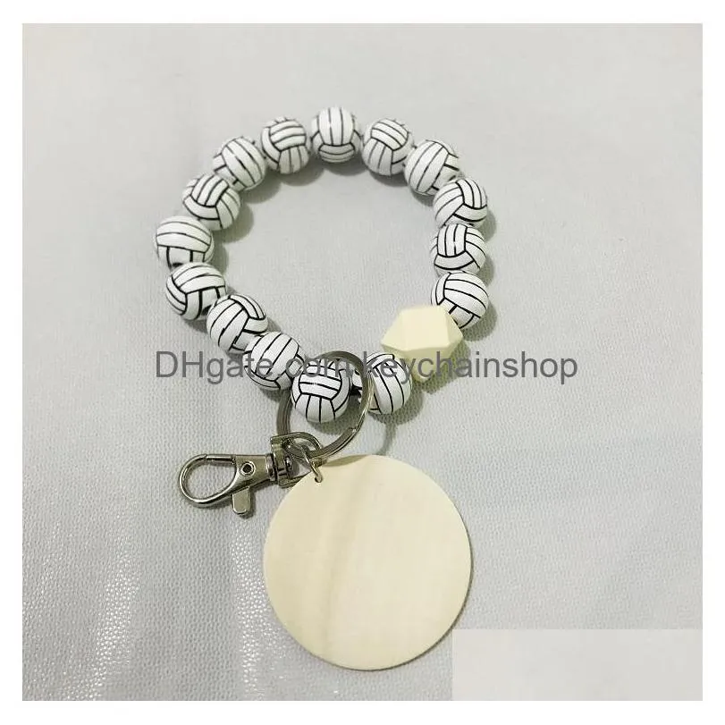 wood beads keychain for keys basketball football print keychain charms wooden wristlet bracelet keyring for women men wholesale