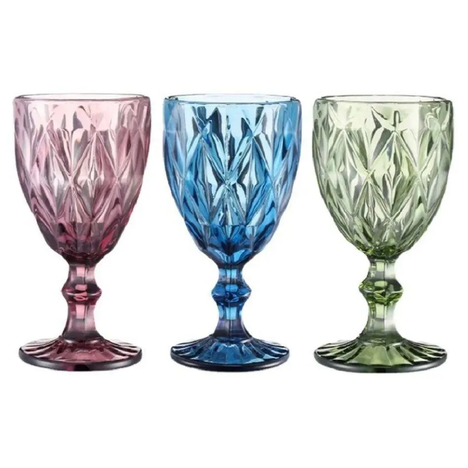 ups 10oz wine glasses colored glass goblet with stem 300ml vintage pattern embossed romantic drinkware for party wedding