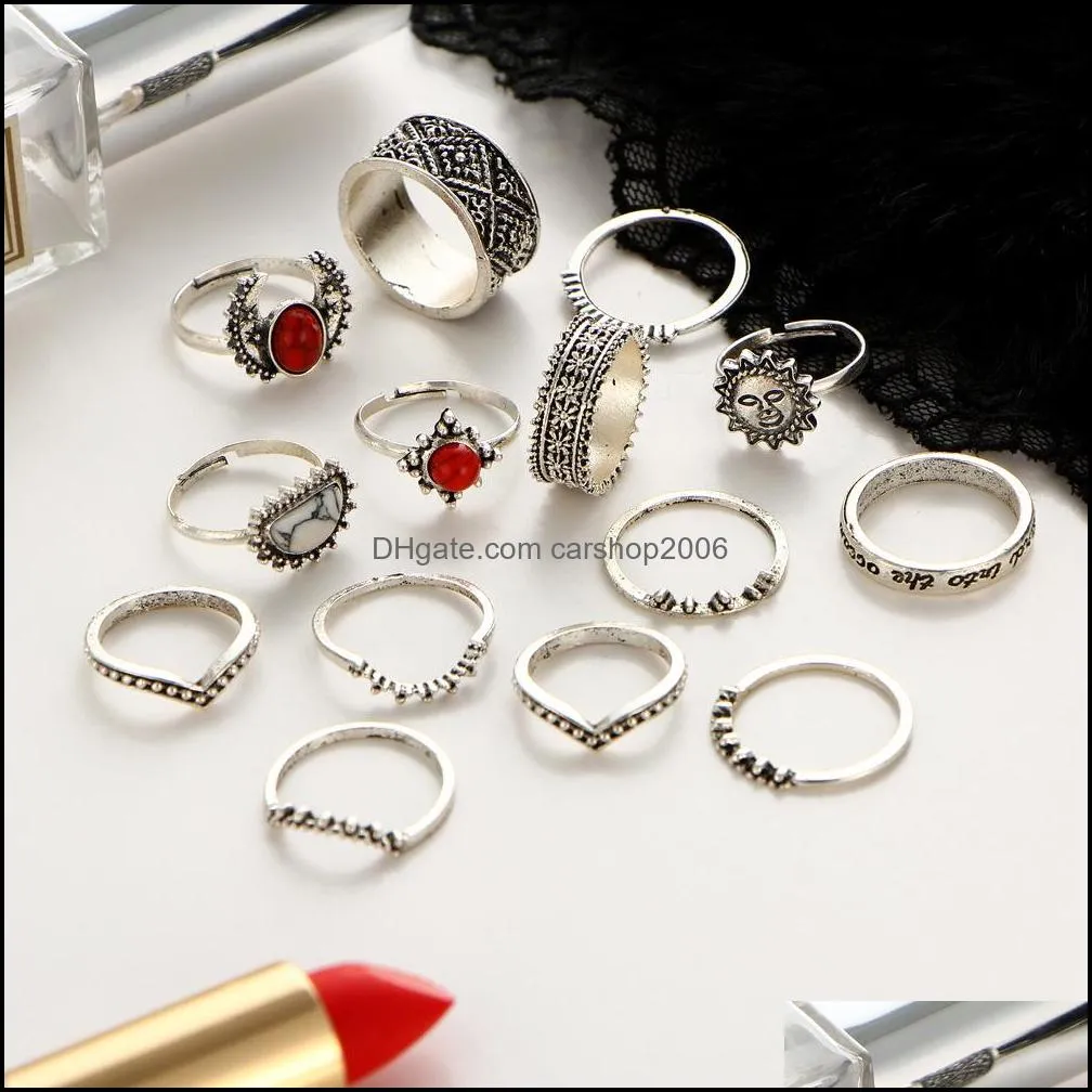 vintage silver carved joint ring 14piece combination set womens rings bague femme women men