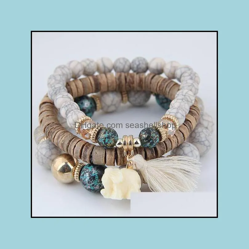 wooden beads bracelets for women bohemia jewelry elephant tassel charm bracelets bangles set