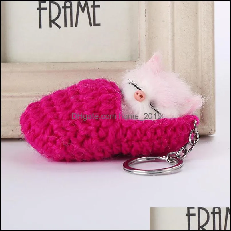 cute knit furry sleeping cat keyring keychain car key holder women handbag pendant decorative ornament wq652