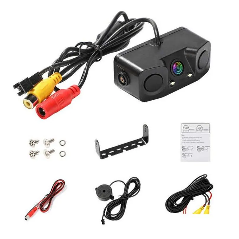 hd car rear view camera 3 in 1 parking radar detector sensor led night vision waterproof reverse camera