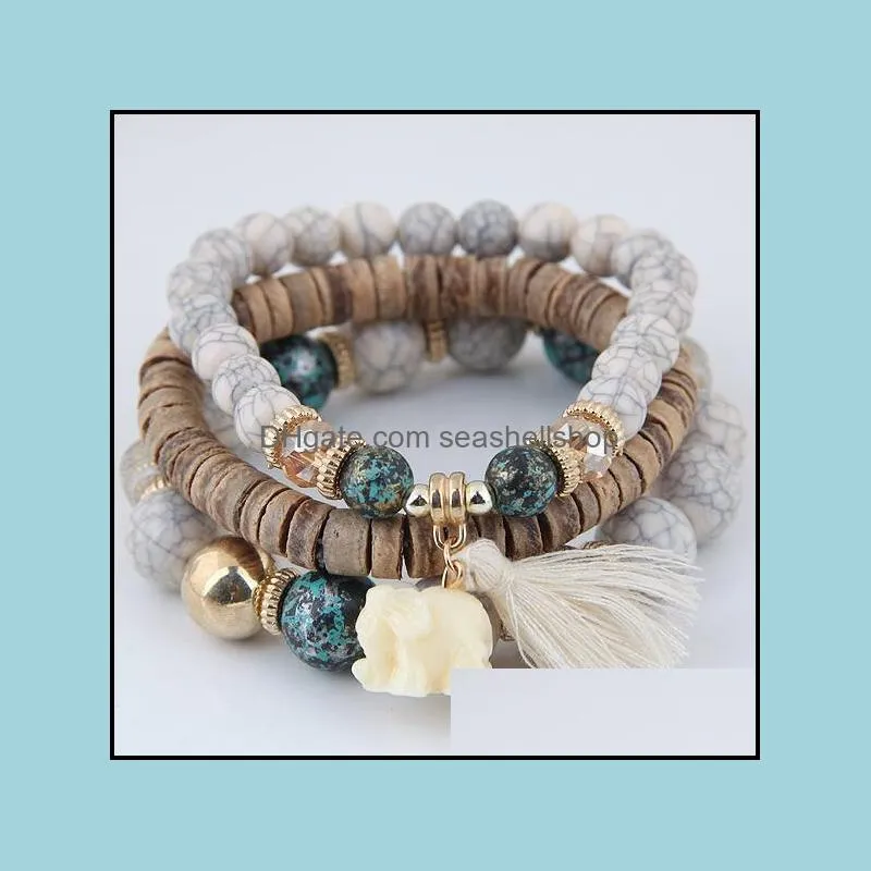 wooden beads bracelets boho elephant tassel charm bracelets bangles set