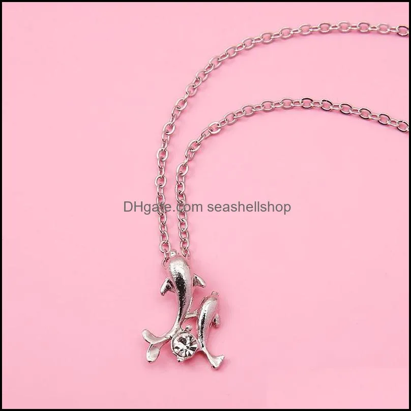 fashion crystal cute double dolphins pendant necklaces rhinestone chain necklace