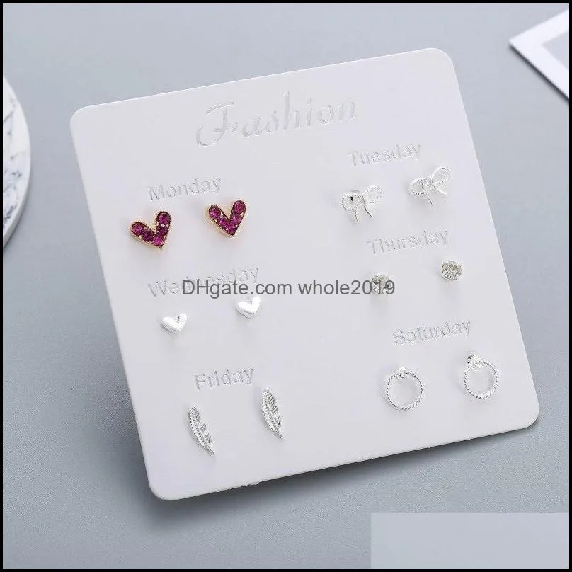 fashion sweet star leaf heart stud earrings set for women silver 6 pairs/set exquisite one week earring set daily party jewelry gifty