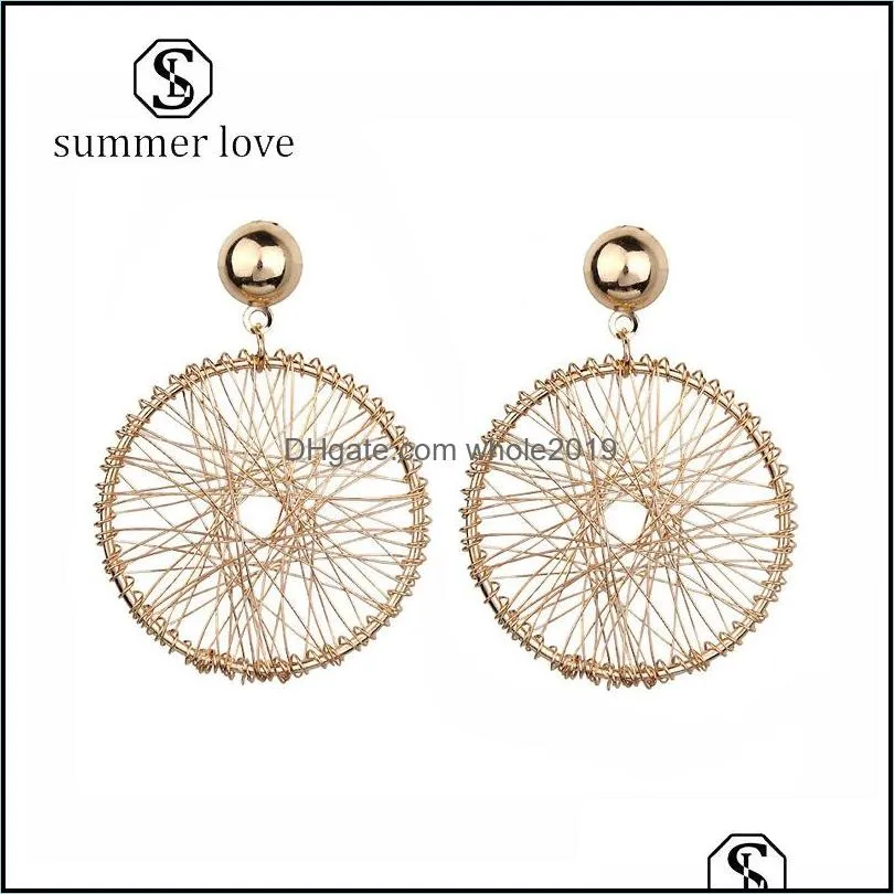 design hollow mesh earrings for women gold geometric round thread winding exaggerated pendant earring korean style valentines day